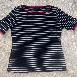 Tommy Hilfiger womens Blue and White Striped Tee with Red Trim size large